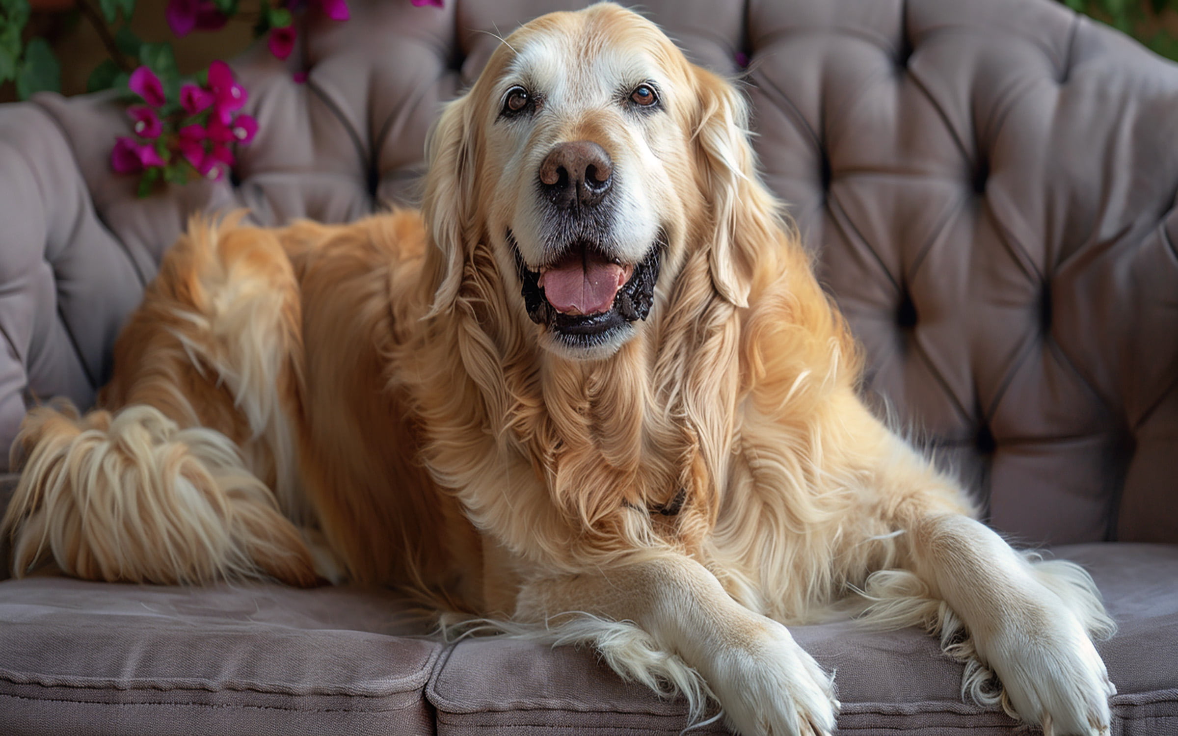 Smiling golden retriever laying on a lavender tufted couch