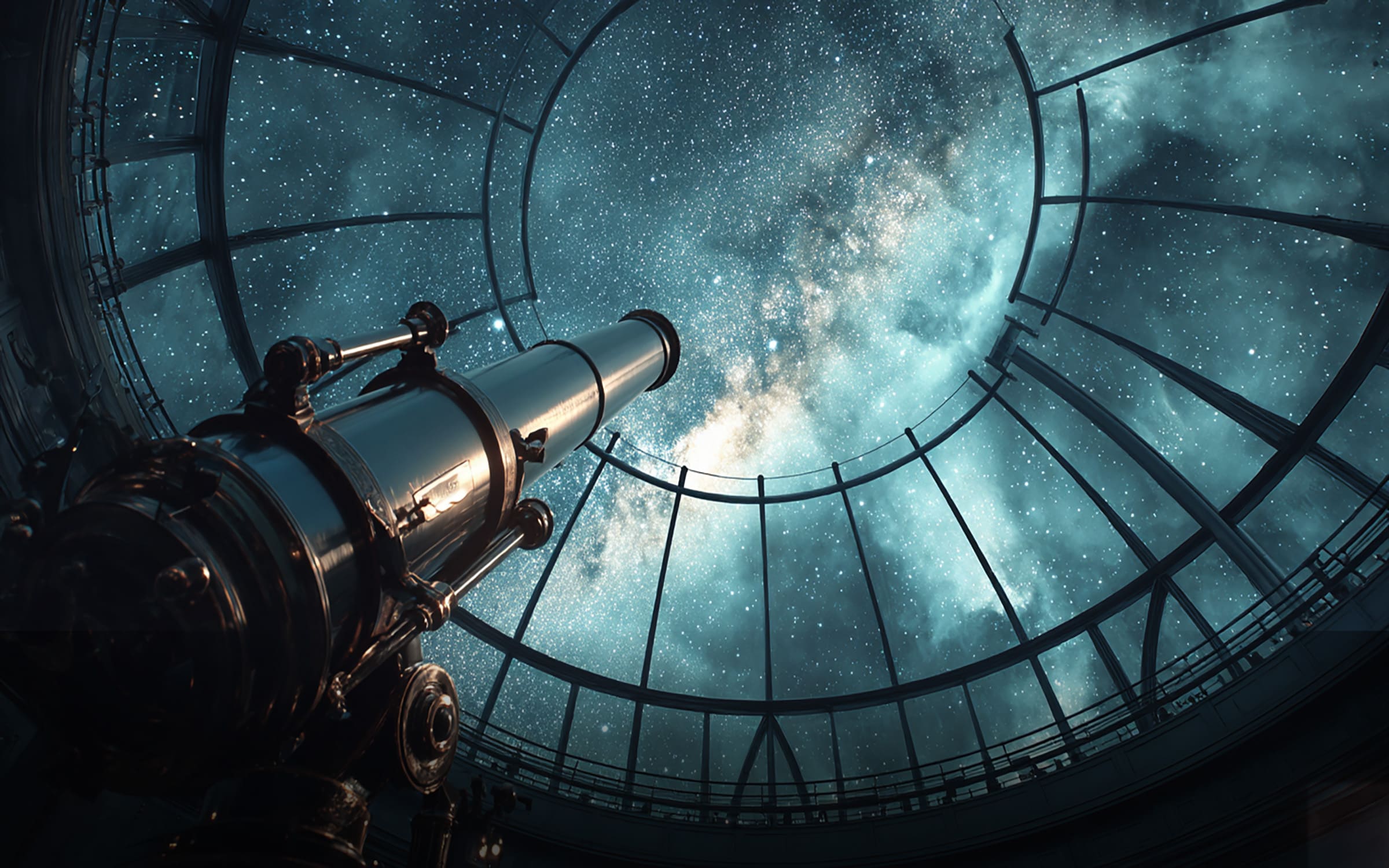 Telescope in a planetarium pointed upward looking to the night sky and Milky Way