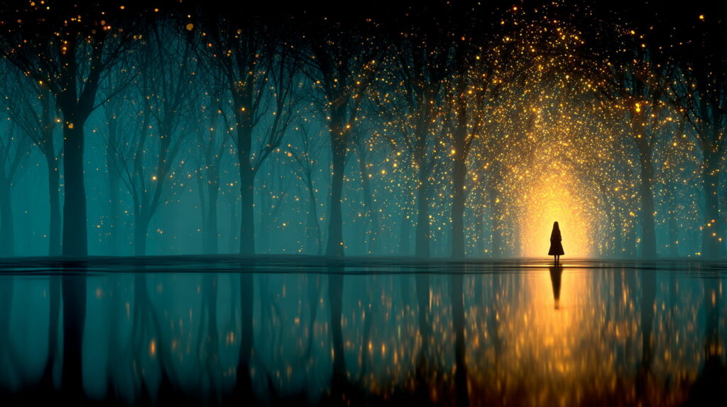 A woman in a flowing dress standing before a glowing forest portal, golden autumn canopy arching overhead, teal atmospheric mist, magical realism