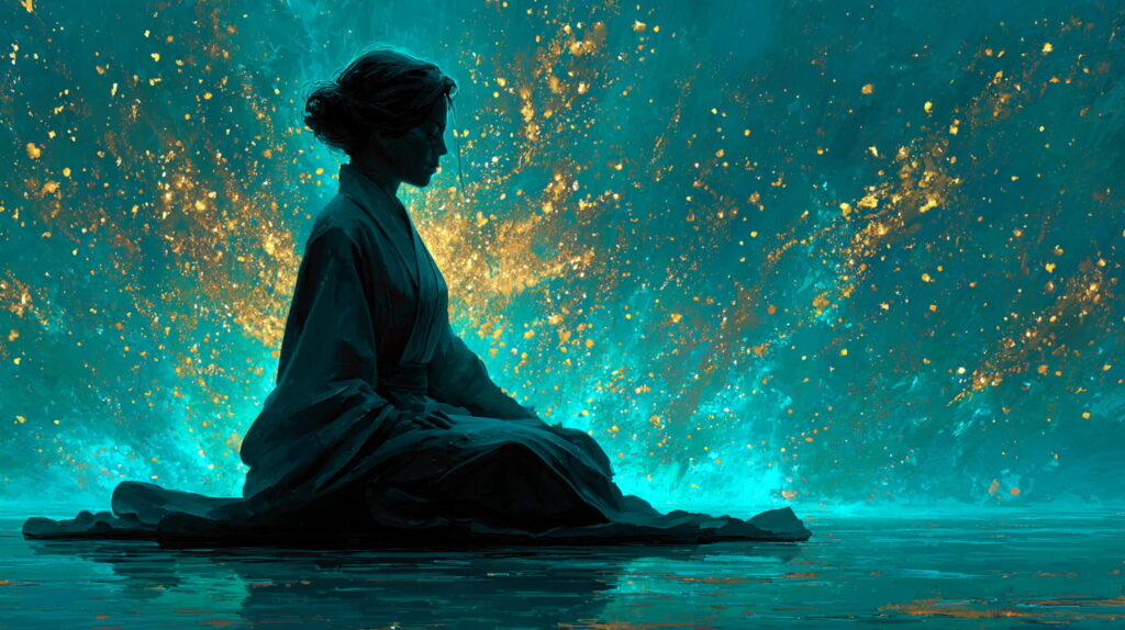A woman seated in meditation surrounded by glowing golden particles and soft teal light, serene and still against a dark atmospheric background