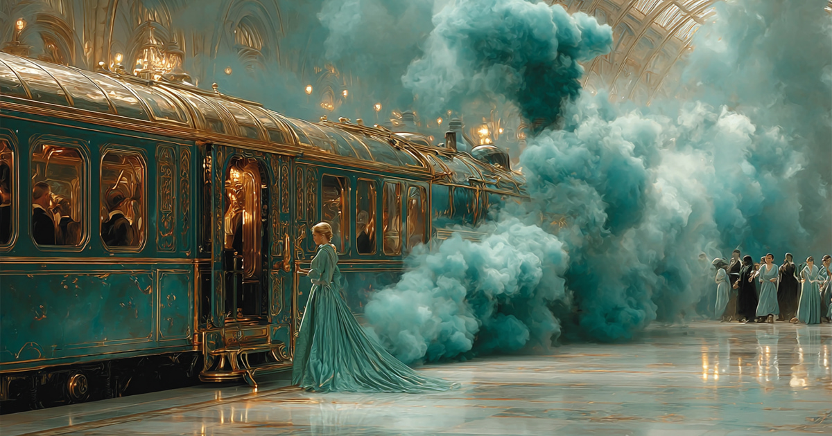 A woman in a flowing teal gown boards a grand Art Deco locomotive surrounded by teal steam, as elegant figures watch from the platform.