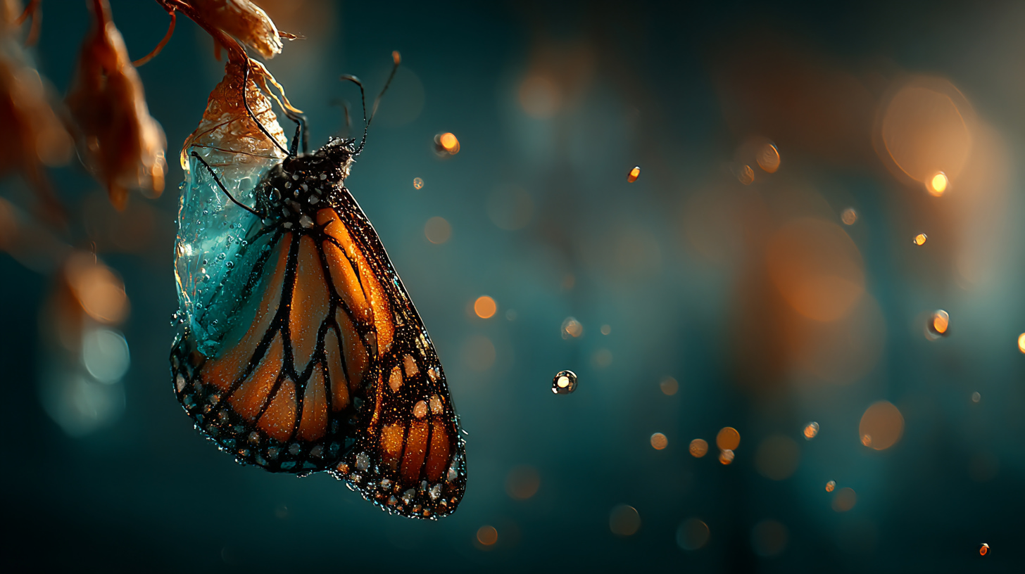 A monarch butterfly emerging from its chrysalis, wings glistening with water droplets against a teal bokeh background, symbolizing midlife transformation and reinvention