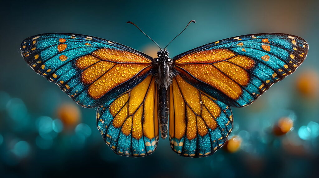 A monarch butterfly with wings fully spread, glistening with golden light against a deep teal bokeh background, symbolizing transformation and reinvention