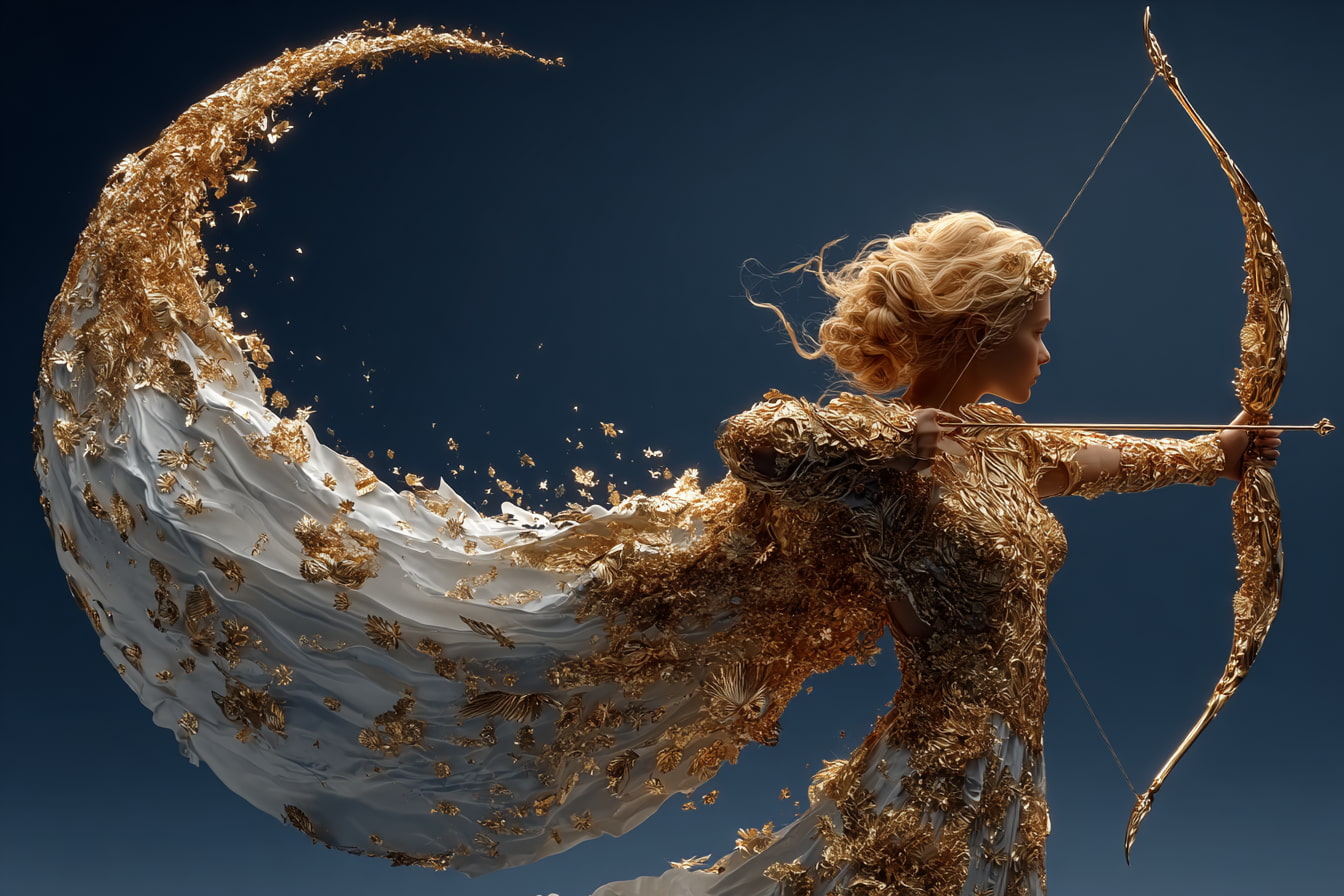 Illustrated Artemis goddess drawing a bow made of light against a deep navy background