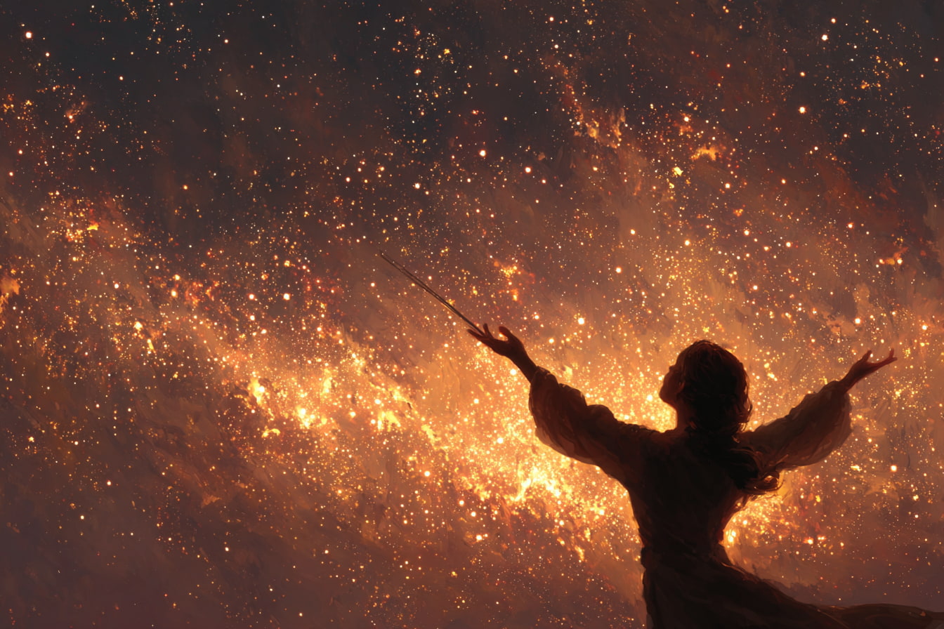 Woman silhouetted conducting swirling golden cosmic energy against a dark sky
