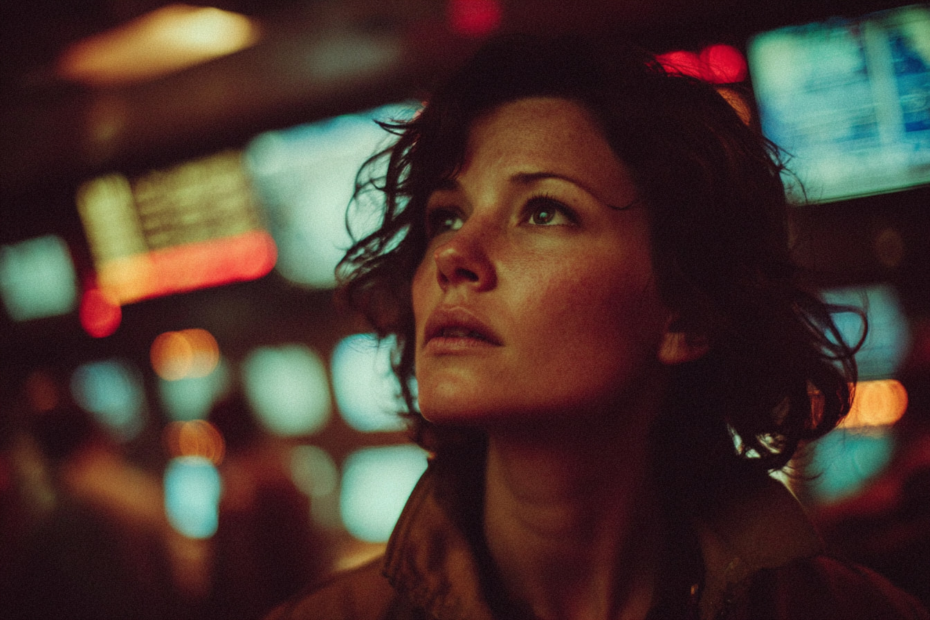 Woman in mission control with glowing screens behind her, cinematic lighting