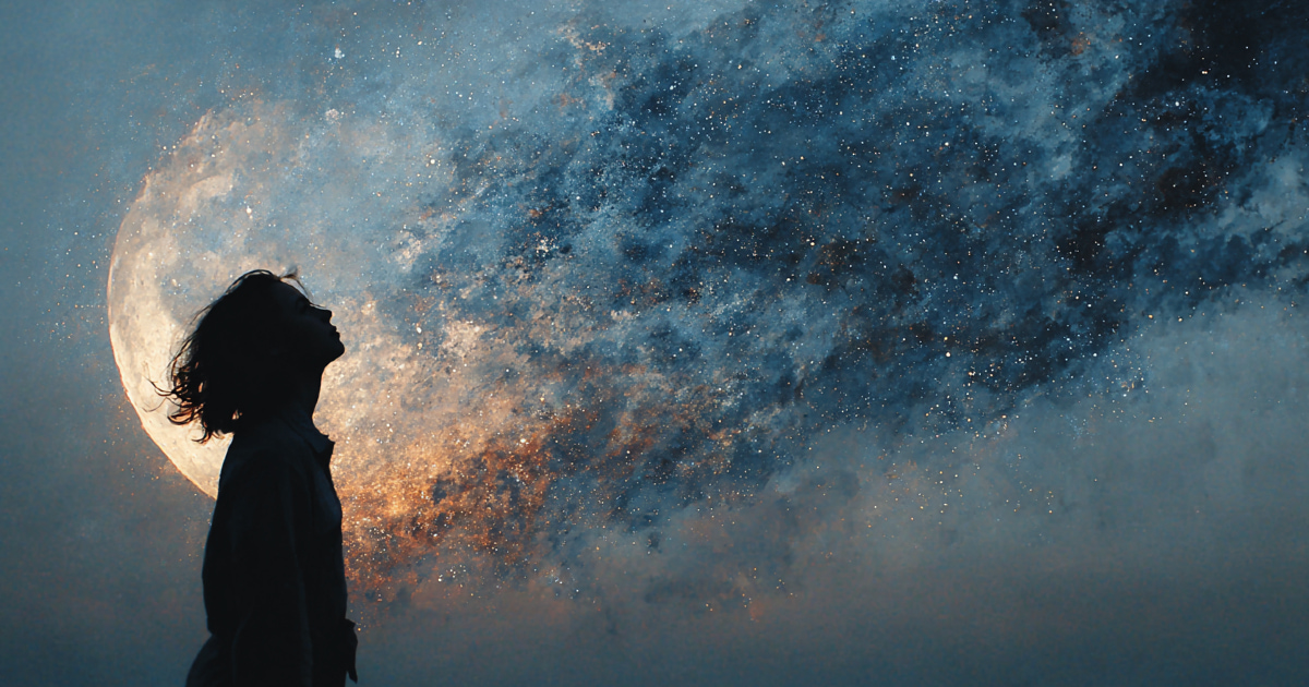 Woman silhouetted against a massive moon with cosmic stardust swirling behind her, looking upward