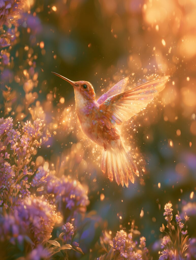 A luminescent hummingbird hovering in golden ethereal light among purple flowers, divine messenger – AI imagery by Starstuff Studio