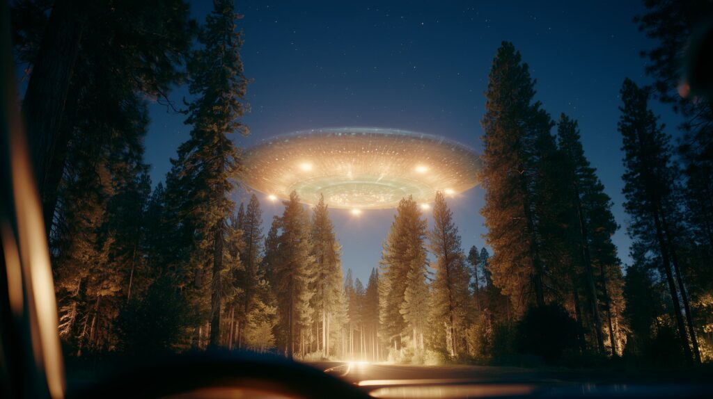 A large silent circular craft with glowing lights hovering above pine trees on a dark country road at night – AI generated UAP imagery