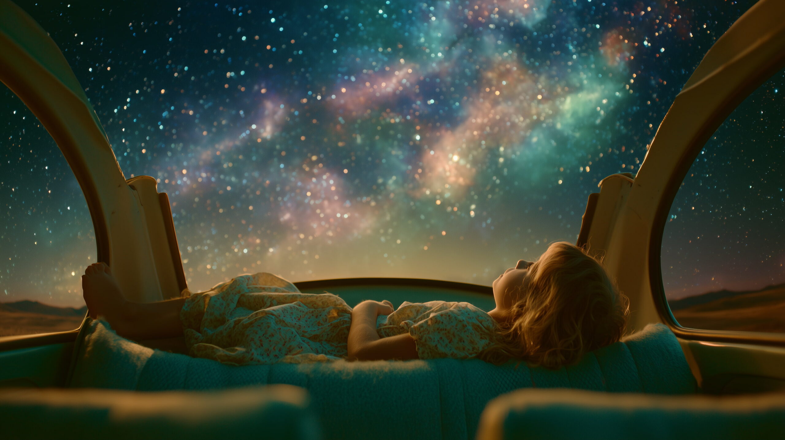 A child lying in the back of a vintage car looking up at a vast starry galaxy through the rear window at night – AI brand imagery by Starstuff Studio